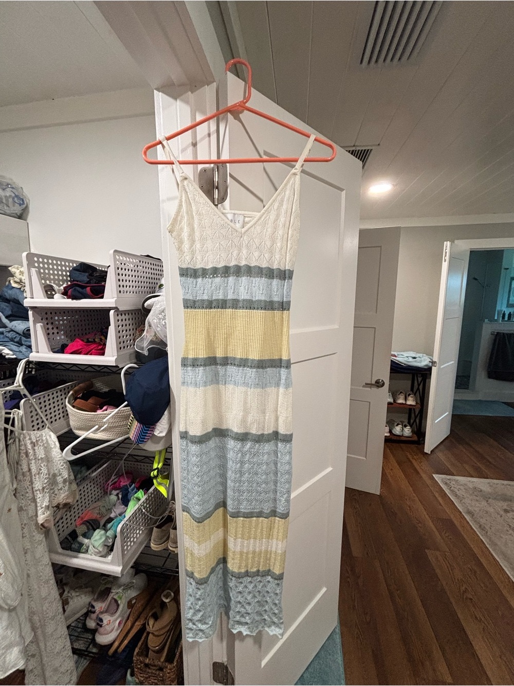 MARBLE Sleeveless Striped Knit Maxi Dress in Cream, Blue & Yellow